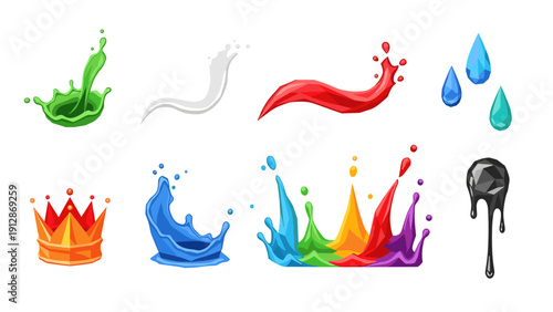 Colorful paint splashes and droplets in modern 3d style