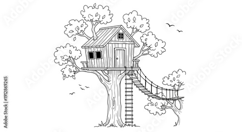 Whimsical treehouse illustration with ladder and bridge for children's coloring book page