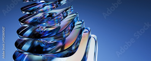 Fényképezés Abstract spiral glassy sculpture with iridescent blue and purple reflections