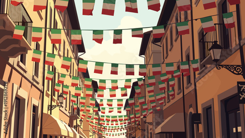 Charming european street decorated with colorful flags on a sunny day