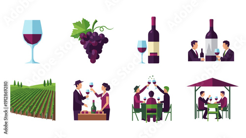 Wine tasting and vineyard icons with people in flat style