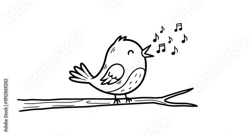 Charming cartoon bird cheerfully singing on a branch, musical notes floating around it, outlined
