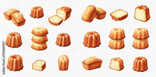 Set of delicious freshly baked mini bundt cakes and loaves, sweet dessert illustrations.