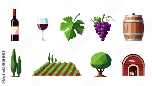 Wine elements collection: low poly grapes, vineyard, barrel, and bottle icons