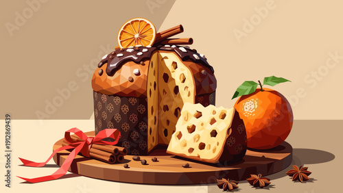 Festive holiday cake with chocolate drizzle, cinnamon sticks, and fresh orange on wooden board