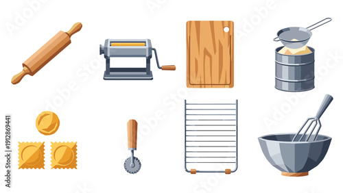 Kitchen tools collection: rolling pin, pasta maker, sifter, cutting board, ravioli, whisk bowl