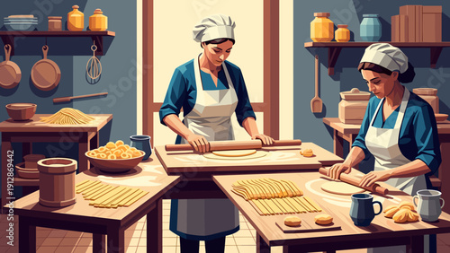 Artisan chefs crafting pasta in rustic kitchen with wooden tools, natural lighting