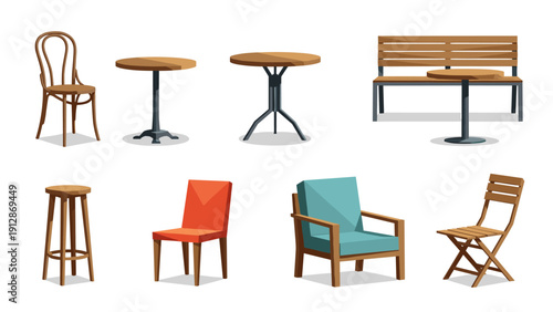 Collection of various modern wooden furniture designs in flat style