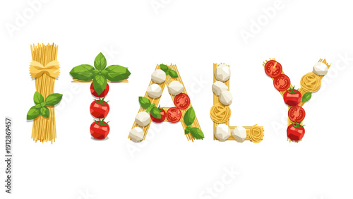 Creative italian cuisine typography with pasta and fresh ingredients