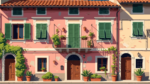 Charming italian street scene with colorful houses and green shutters
