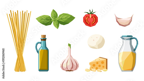 Low poly italian ingredients set with pasta, cheese, and vegetables