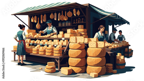 Busy outdoor cheese market with varieties displayed on stalls in vintage style