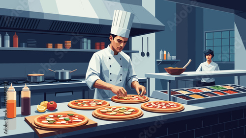 Professional chef preparing gourmet pizza in modern restaurant kitchen