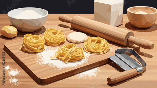 Rustic kitchen scene with pasta and baking ingredients in low poly style