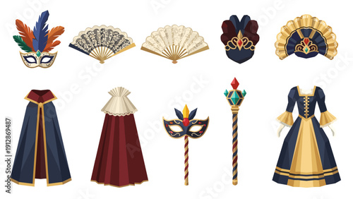 Elegant baroque costume elements with masks, fans, and gowns