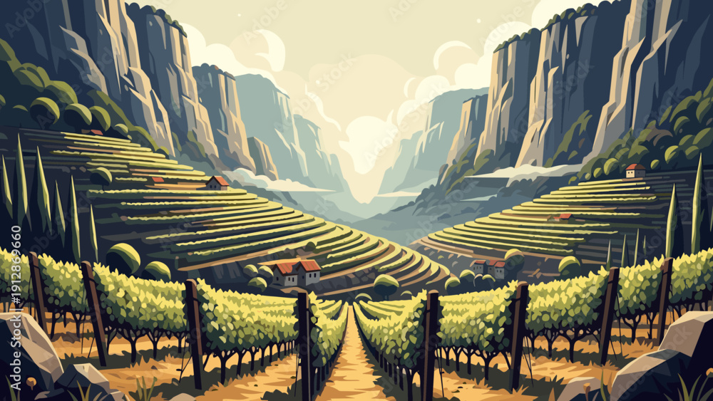 Obraz premium Picturesque vineyards in scenic mountain valley at sunrise