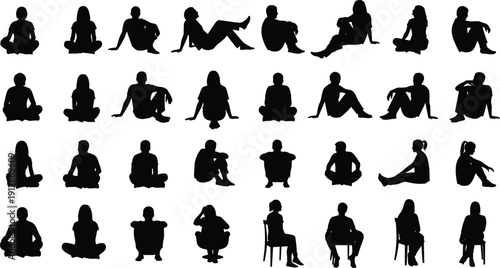 People sitting silhouettes collection, men and women seated poses, black human figures set, isolated character illustration pack