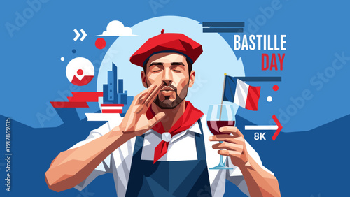 Festive french celebration with wine glass and iconic red beret in geometric art style