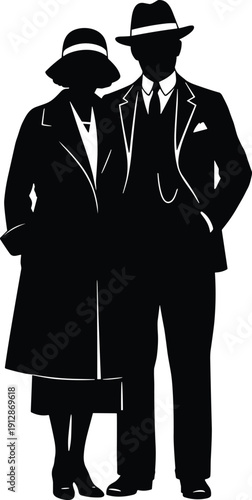 Vintage couple silhouette illustration, elegant man and woman in classic 1920s fashion, retro style black isolated design