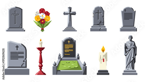Gravestone and memorial icons in geometric flat style