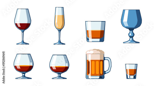 Assorted glassware collection featuring wine, whiskey, and beer in cartoon style