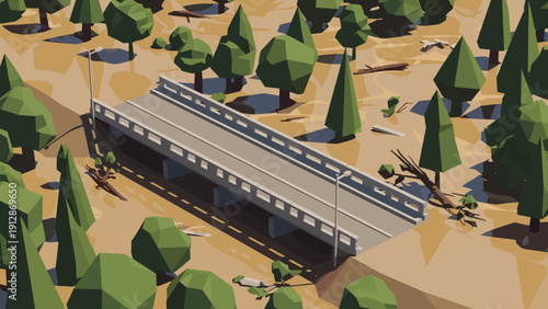 Low poly bridge crossing in geometric forest landscape