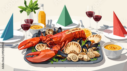 Colorful geometric seafood feast on elegant dining table setting