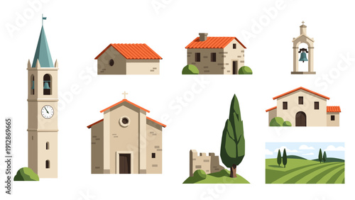 Charming italian countryside buildings with red roofs and greenery