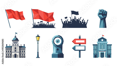 Political symbols and urban elements: flags, protests, and architecture in flat design