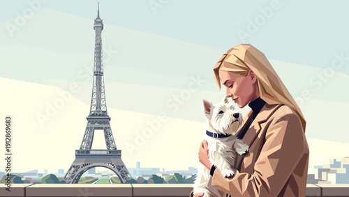 Woman holding dog near eiffel tower with paris skyline