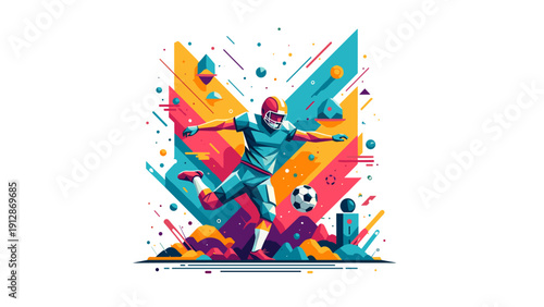 Dynamic geometric soccer artwork with vibrant colors and abstract shapes