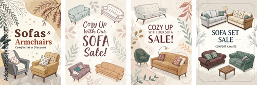 Stylish sofa advertisements featuring modern designs and cozy armchairs.