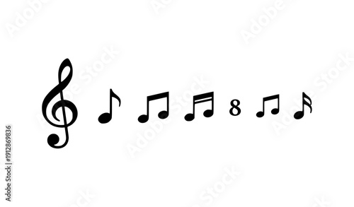 Black music note icons and treble clef vector elements for education and media design