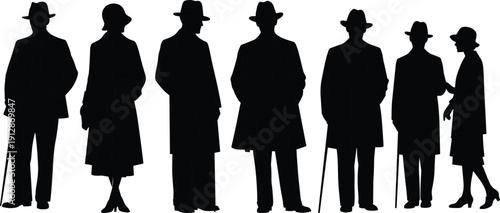 Vintage people silhouettes collection, elegant men and women in retro 1920s fashion, classic black isolated illustration set