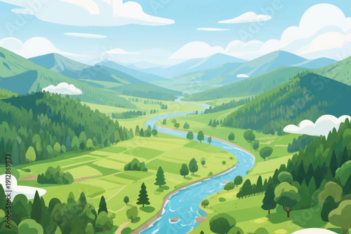 Lush green valley with winding river, rolling hills, forests, farmland patches, and bright sky with scattered clouds.