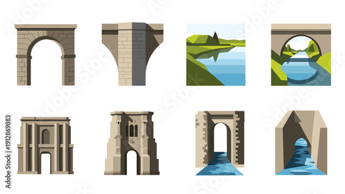 Architectural gateway designs featuring bridges and stone arches in flat style