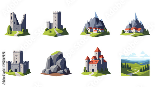 Medieval castles and scenic landscapes collection in vibrant flat design