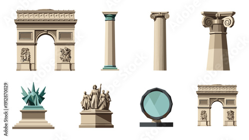 Elegant architectural elements: classic columns and monumental arches collection