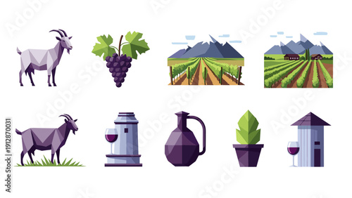 Geometric vineyard collection with goats grapes and wine elements