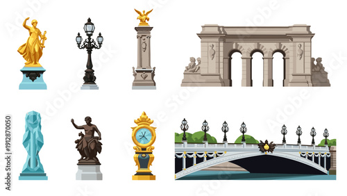 Iconic monuments and sculptures collection featuring classic european architecture and art