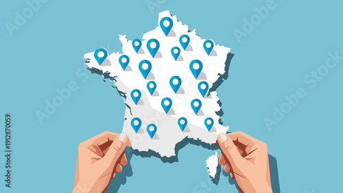 Hands holding france map with location markers on blue background
