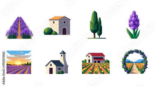 Charming lavender landscape elements: farmhouses, fields, and florals in vibrant cartoon style