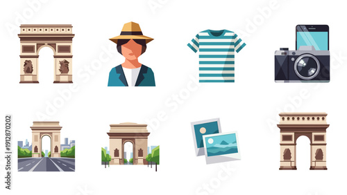 Vintage travel essentials and landmark icons in flat design style