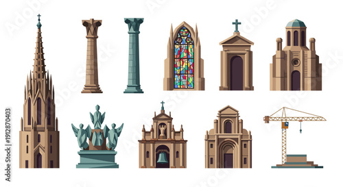 Set of architectural landmark icons in flat style featuring churches and columns