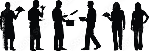 Chef and waiter silhouettes serving food and cooking isolated on white background restaurant service culinary vector illustration collection set