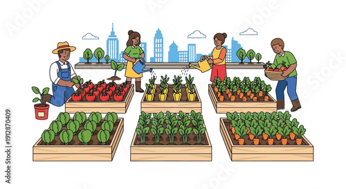 Urban gardeners tending to rooftop vegetable and herb gardens with a city backdrop