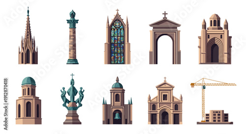 Collection of european landmark icons with crane in flat style