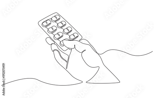 Continuous one line drawing of hand holding tablet of medicine, symbolizing pharmaceutical drug, single line art.