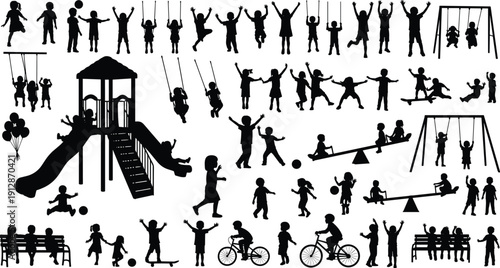 Children playground silhouettes playing jumping swinging cycling and sitting isolated on white background happy childhood activity vector illustration collection set