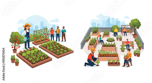 Rooftop gardens showcase urban farming and community gardening activities